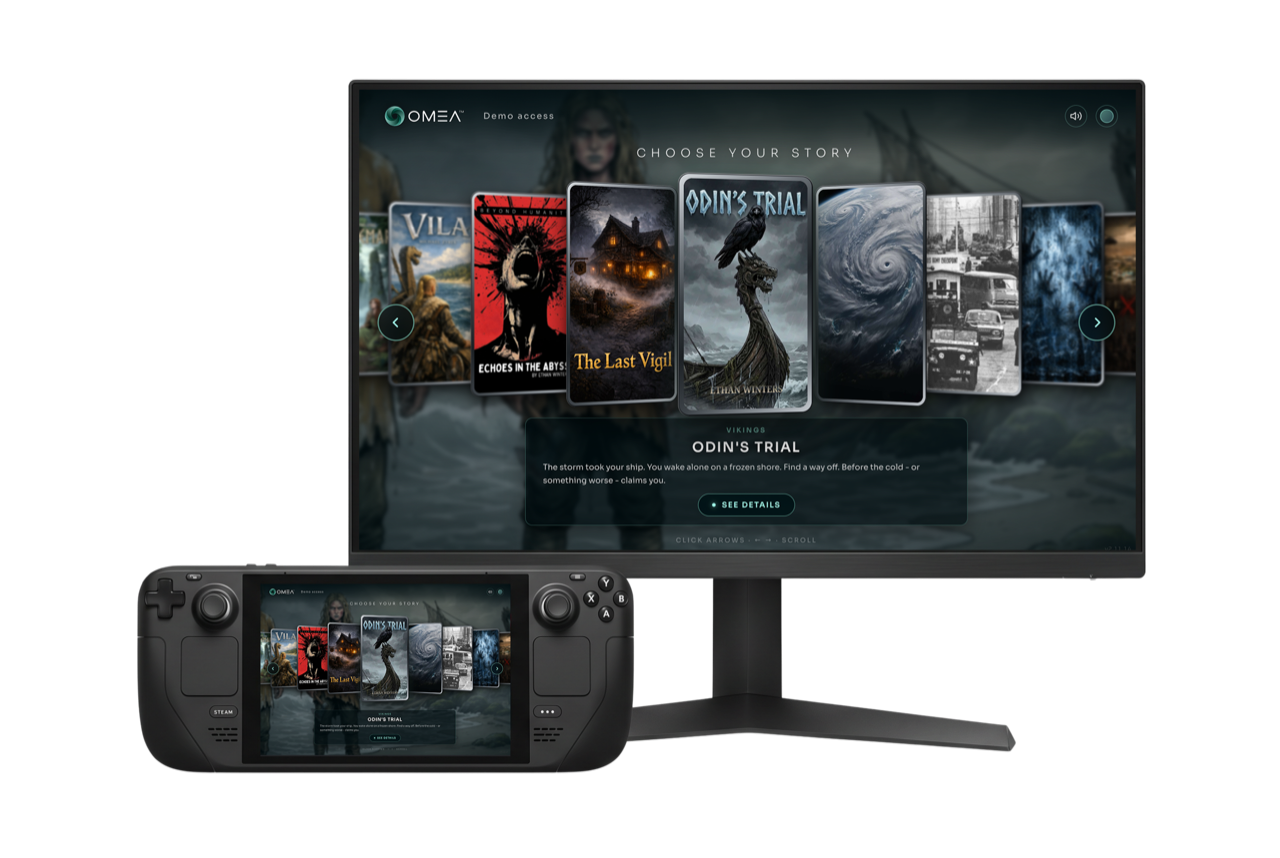 Omea running on a monitor and Steam Deck - 'Choose Your Story' screen with story tiles, Odin's Trial featured
